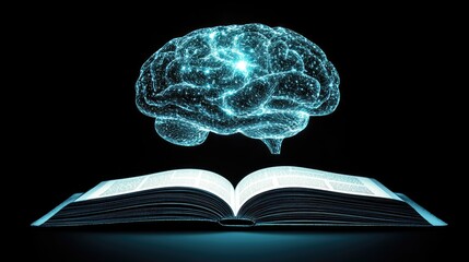 Poster - Glowing AI-generated human brain hovers above an open book, symbolizing the convergence of education and technology, on a clean, minimal background.