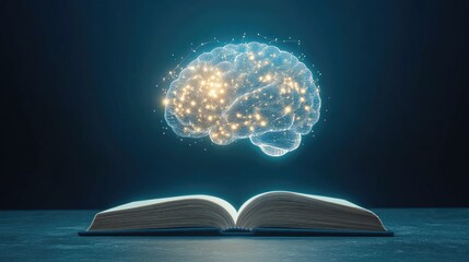 Poster - Glowing brain generated by AI floats above an open book, symbolizing education powered by technology on a clean, simple background.
