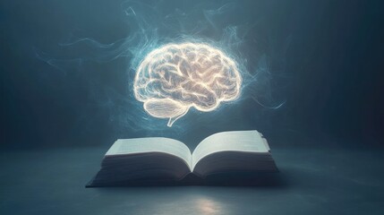Poster - Glowing brain generated by AI floats above an open book, symbolizing education powered by technology on a clean, simple background.