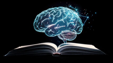 Poster - Glowing human brain created by AI rises from the pages of an open book, representing the connection between learning and technology, on a minimal background.