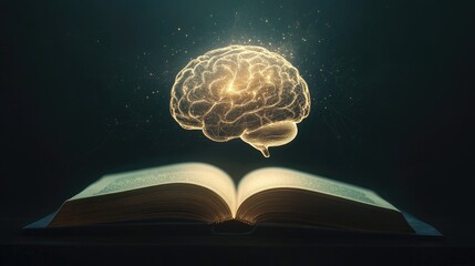 Poster - Glowing brain generated by AI floats above an open book, symbolizing education powered by technology on a clean, simple background.
