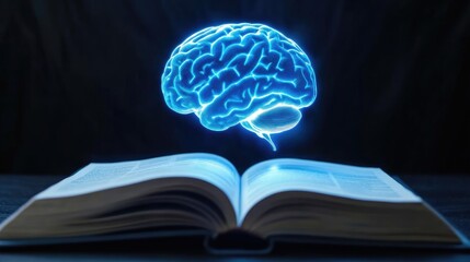 Poster - Glowing human brain created by AI rises from the pages of an open book, representing the connection between learning and technology, on a minimal background.