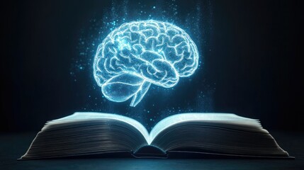 Poster - Glowing human brain created by AI rises from the pages of an open book, representing the connection between learning and technology, on a minimal background.