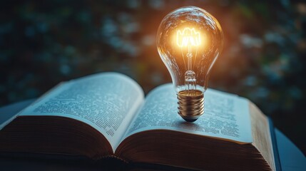 Poster - Light bulb glowing and floating up from an open book, representing the fusion of learning and technology on a simple, minimalist backdrop.