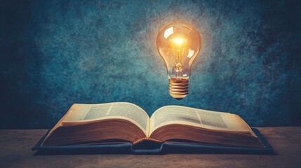 Poster - Light bulb glowing and floating up from an open book, representing the fusion of learning and technology on a simple, minimalist backdrop.