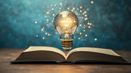 Poster - Light bulb glowing and floating up from an open book, representing the future of education through technology, on a simple background.