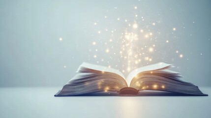 Poster - Light floating from an open book, representing futuristic technology and innovation in education, on a minimalist white backdrop.