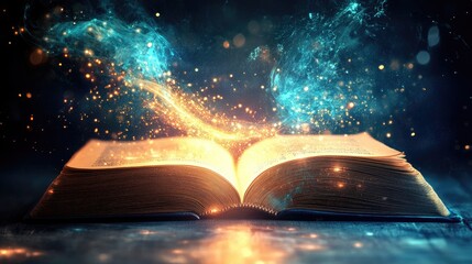 Poster - Light floats out of an open book, representing the fusion of technology and knowledge, isolated on a minimal background.