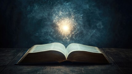Poster - Light floats out of an open book, representing the fusion of technology and knowledge, isolated on a minimal background.