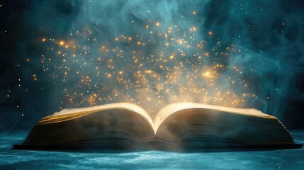 Poster - Light floats out of an open book, representing the fusion of technology and knowledge, isolated on a minimal background.