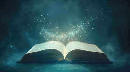 Poster - Open book emitting a soft, floating light, representing futuristic technology and knowledge on a simple, minimal background.