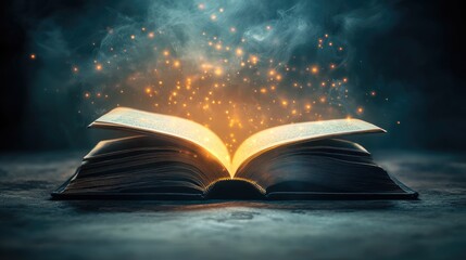 Poster - Open book emitting a soft, floating light, representing futuristic technology and knowledge on a simple, minimal background.