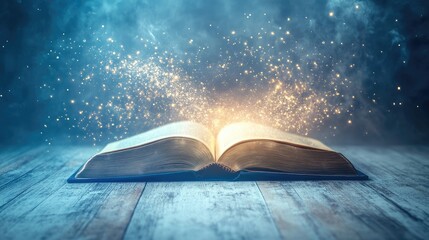 Poster - Open book emitting a soft, floating light, representing futuristic technology and knowledge on a simple, minimal background.