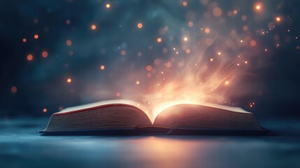 Poster - Open book emitting a soft, floating light, representing futuristic technology and knowledge on a simple, minimal background.
