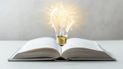 Poster - Open book with a bright, floating light bulb, representing innovation in education and technology on a minimalist white background.
