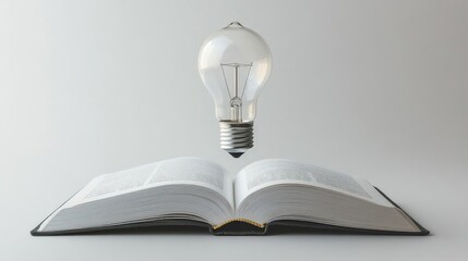 Poster - Open book with a bright, floating light bulb, representing innovation in education and technology on a minimalist white background.