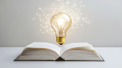 Poster - Open book with a bright, floating light bulb, representing innovation in education and technology on a minimalist white background.
