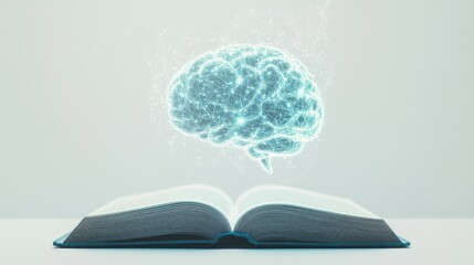 Poster - Open book with a glowing AI-generated brain floating out, symbolizing the advancement of education through technology, on a minimal white background.
