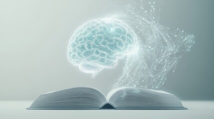 Poster - Open book with a glowing AI-generated brain floating out, symbolizing the advancement of education through technology, on a minimal white background.