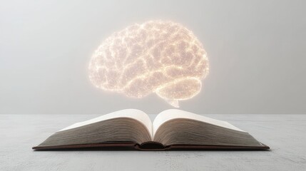 Poster - Open book with a glowing AI-generated brain floating out, symbolizing the advancement of education through technology, on a minimal white background.