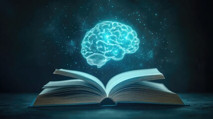 Poster - Open book with a glowing brain floating out, created by AI, representing tech-driven education and innovation, isolated on a simple background.