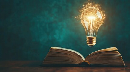 Poster - Open book with a glowing light bulb floating upwards, symbolizing the future of education and tech innovation, on a minimalistic background.