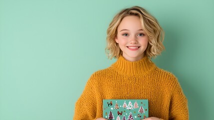 Wall Mural - Cheerful girl holding a festive gift against a mint backdrop