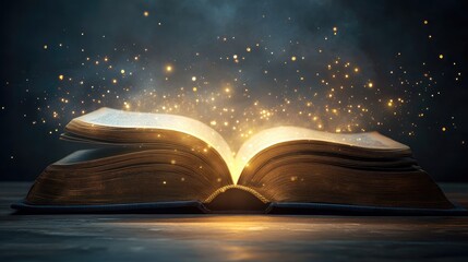 Poster - Open book with a soft, glowing light floating out, symbolizing the integration of technology and knowledge, isolated on a simple background.