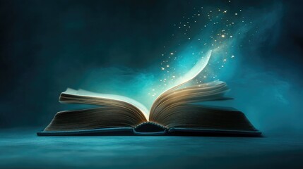 Poster - Open book with a soft, glowing light floating out, symbolizing the integration of technology and knowledge, isolated on a simple background.