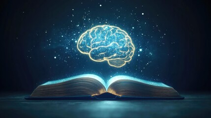 Poster - Open book with an AI-generated glowing brain floating out, symbolizing the integration of education and technology on a clean, simple backdrop.