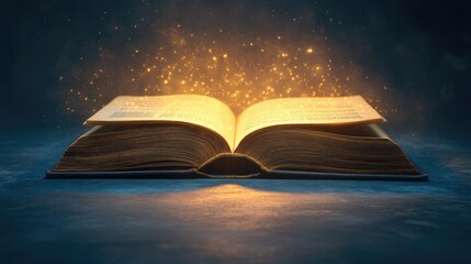 Poster - Open book with a soft, glowing light floating out, symbolizing the integration of technology and knowledge, isolated on a simple background.