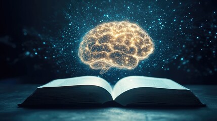 Poster - Open book with an AI-generated glowing brain floating out, symbolizing the integration of education and technology on a clean, simple backdrop.