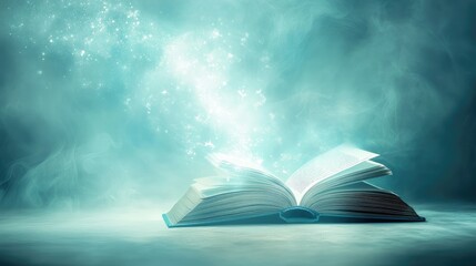 Poster - Open book with radiant light floating above, symbolizing a futuristic approach to learning and technology, set against a clean background.