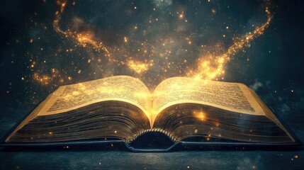 Poster - Open book with glowing light floating up, symbolizing futuristic tech and the power of knowledge, set on a simple background.