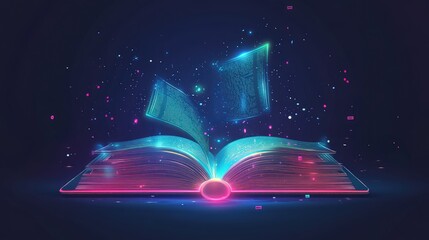 Poster - Open book with glowing light floating up, symbolizing futuristic tech and the power of knowledge, set on a simple background.