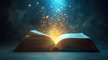 Poster - Open book with radiant light floating above, symbolizing the fusion of futuristic technology and education, set against a clean background.