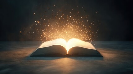 Poster - Soft, glowing light floats from an open book, symbolizing futuristic technology and knowledge advancement, on a minimal, simple backdrop.