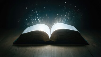 Poster - Soft, glowing light floats from an open book, symbolizing futuristic technology and knowledge advancement, on a minimal, simple backdrop.
