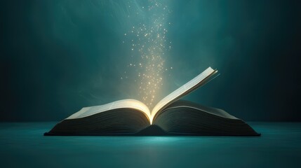 Poster - Soft, glowing light floats from an open book, symbolizing futuristic technology and knowledge advancement, on a minimal, simple backdrop.