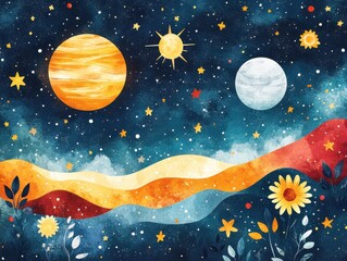 Whimsical Celestial Landscape with Stars and Planets