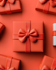 Stylish red gift boxes with bows on a vibrant background