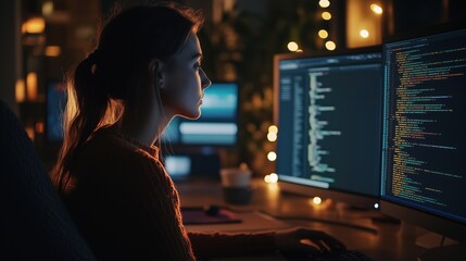 Poster - Woman coding at night with multiple monitors displaying code