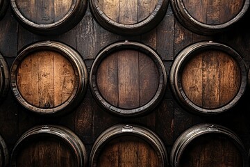 Rows of wine barrels in a dimly lit cellar, showcasing aged wood and skilled craftsmanship, exuding vintage charm with deep tones and intricate details