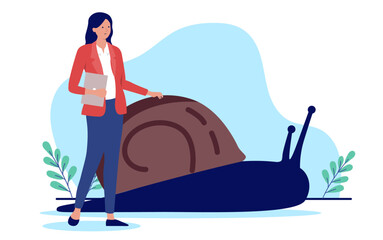 Poster - Slow work progress - Businesswoman standing with snail moving very slowly forward with lack of progress and boring job with no progress in career and business. Flat design vector illustration