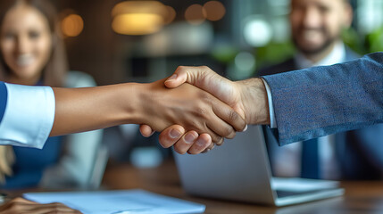 A handshake between two people in a business setting