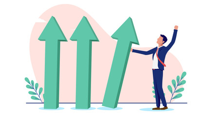 Aufkleber - Creating success in business - Businessman person standing with green arrow pointing up to success and growth in a row. Flat design vector illustration with white background