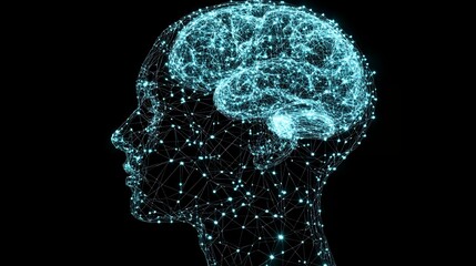 Poster - A digital representation of a human brain, rendered in blue.