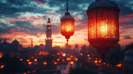 Ramadan lantern with mosque background