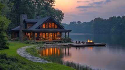 Poster - A large house with a dock and a fire pit sits on a lake