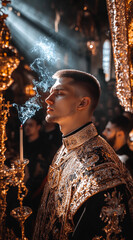 Wall Mural - A man in a gold and black robe smokes a cigarette. The man is surrounded by other people, some of whom are also wearing gold and black. The scene appears to be a religious ceremony or gathering